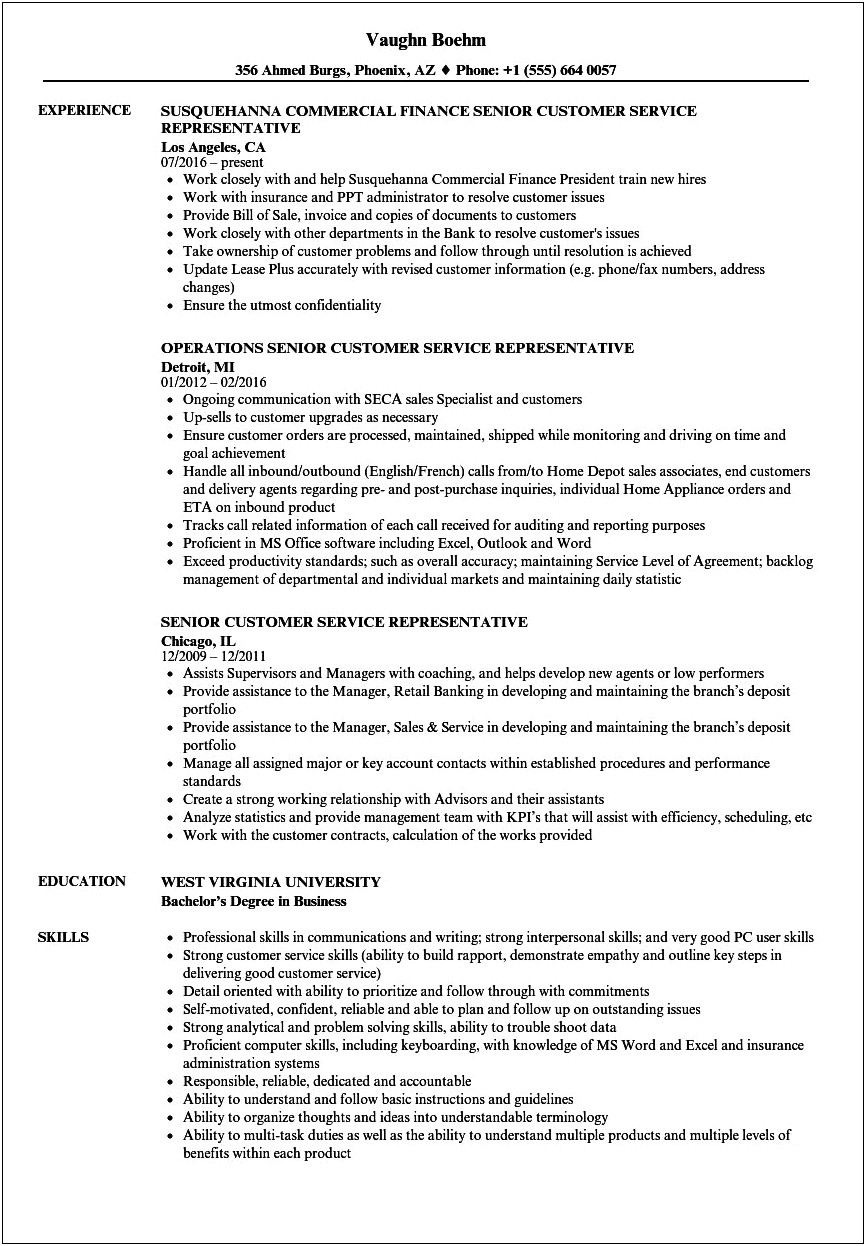 Senior Customer Service Executive Job Description Resume