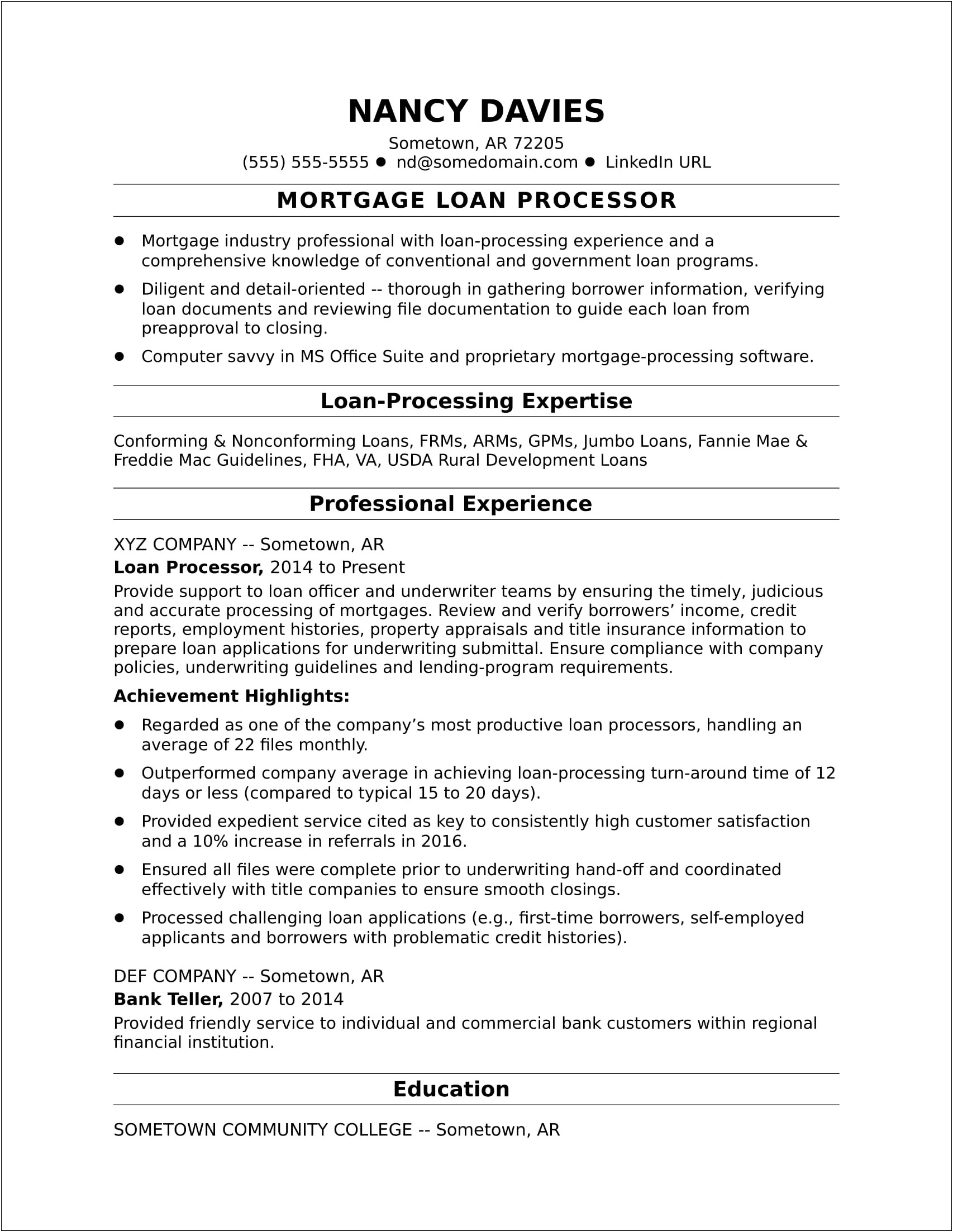 Senior Mortgage Loan Processor Resume Sample