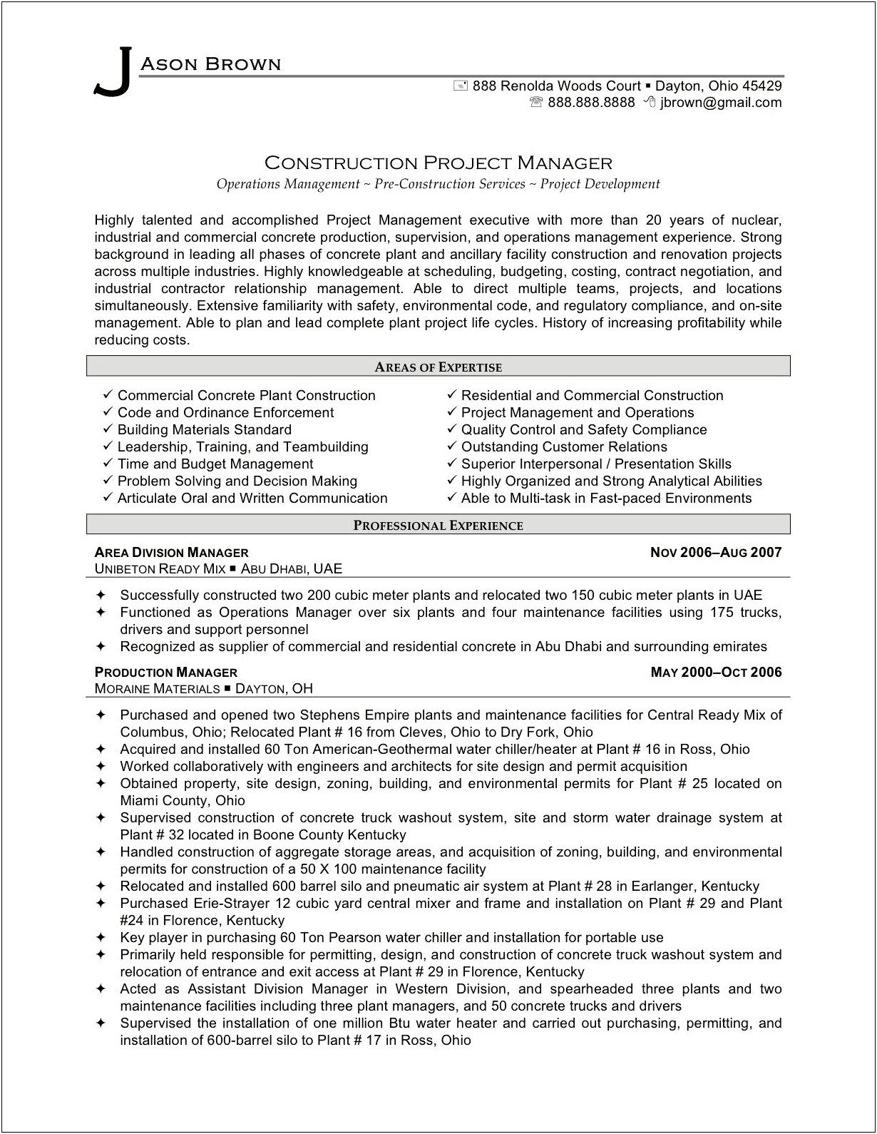 Senior Project Manager Construction Resume Sample
