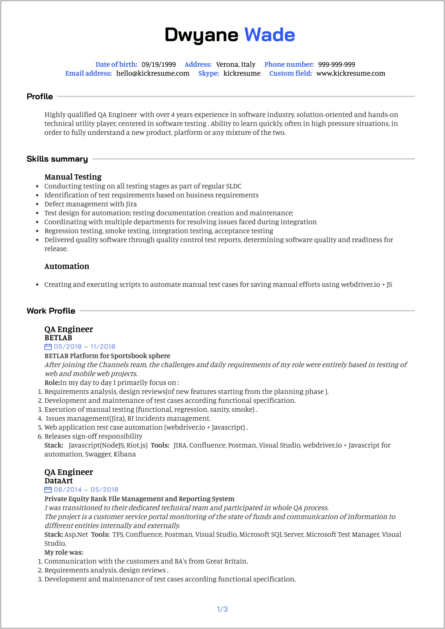 Senior Quality Analyst Of Manual Tester Sample Resume