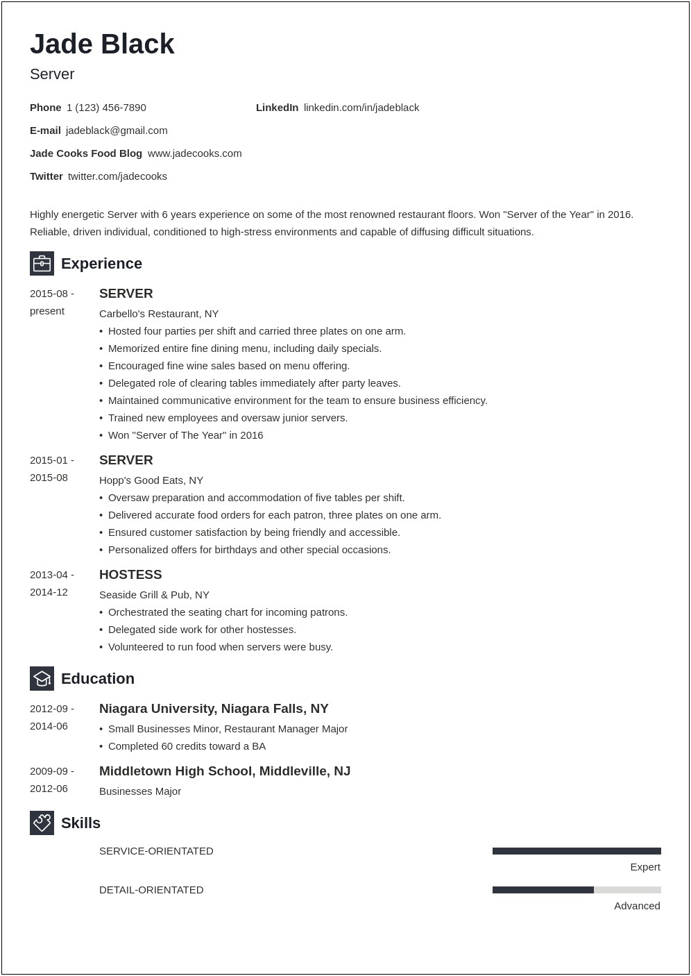 Server Shift Lead Job Description Resume