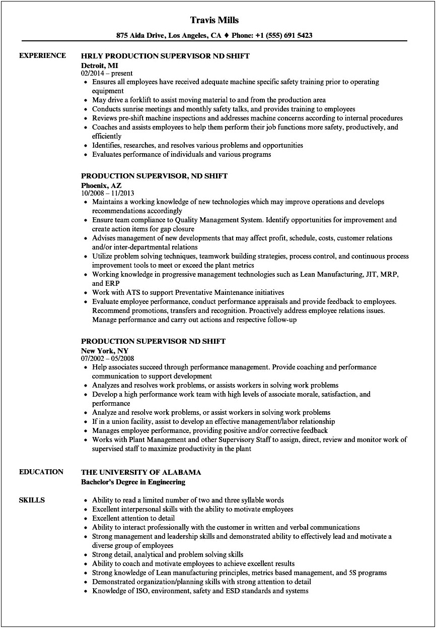 Shift Supervisor Job Description For Resume