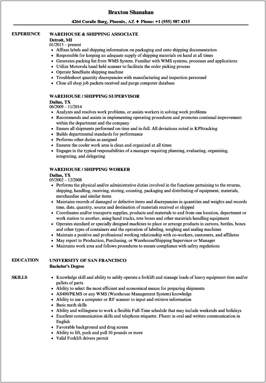 Shipper Labore Job Example Resume Help