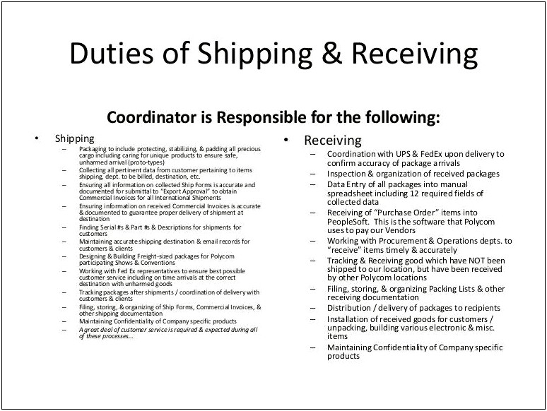 Shipping And Receiving Job Descriptions For Resumes