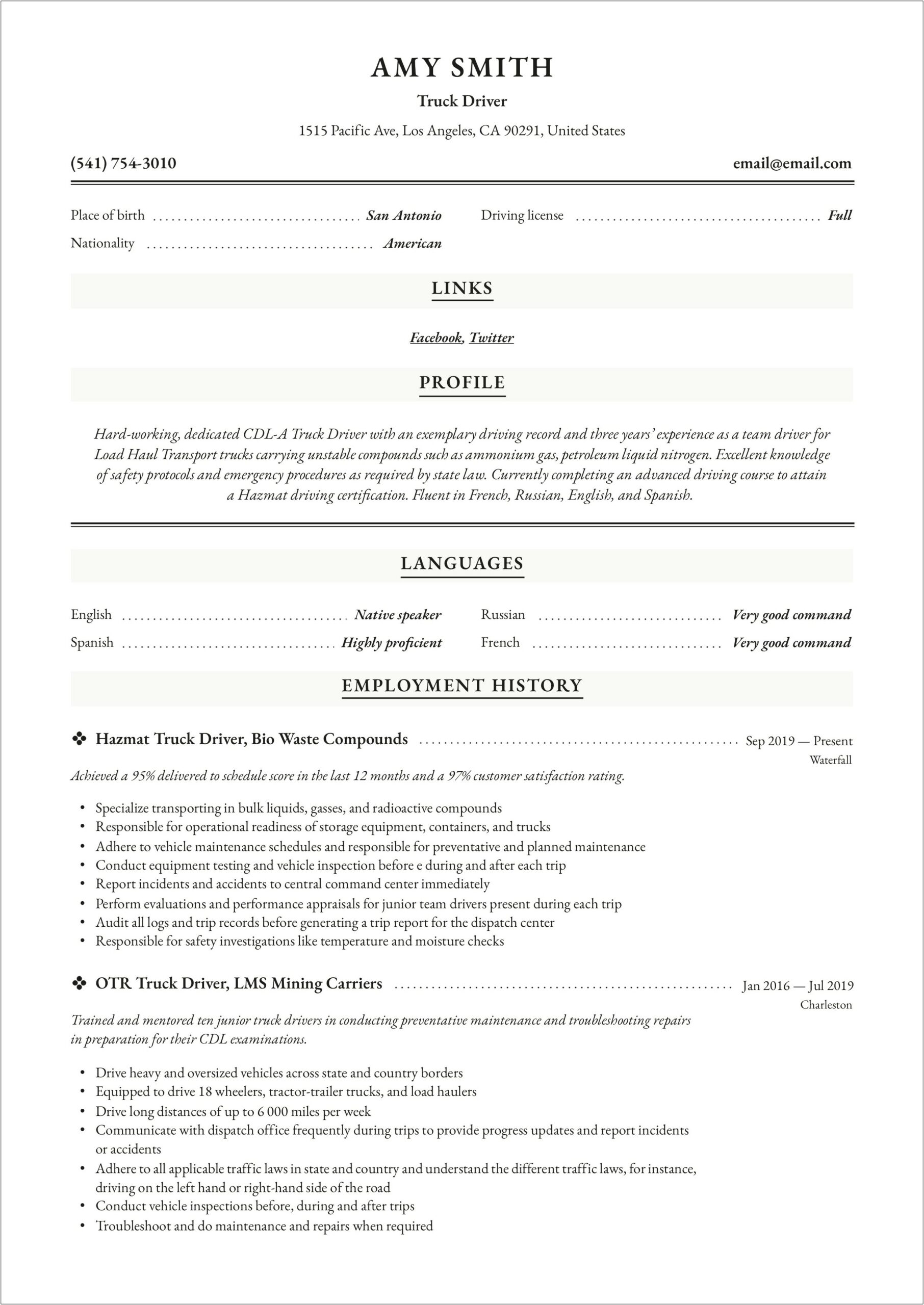 Silage Truck Driver Job Description Resume