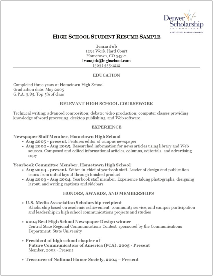 Simple Resume Template For High School Students
