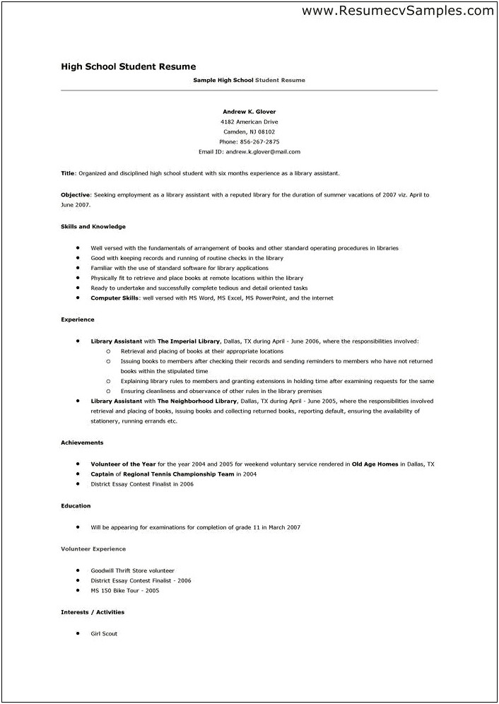 Simple Resume Template High School Students