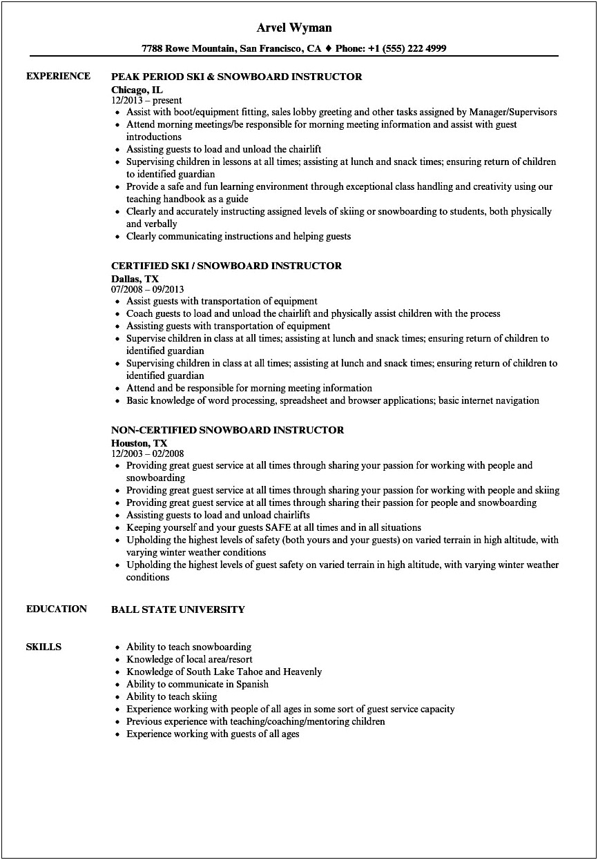 Ski Instructor Job Description On Resume
