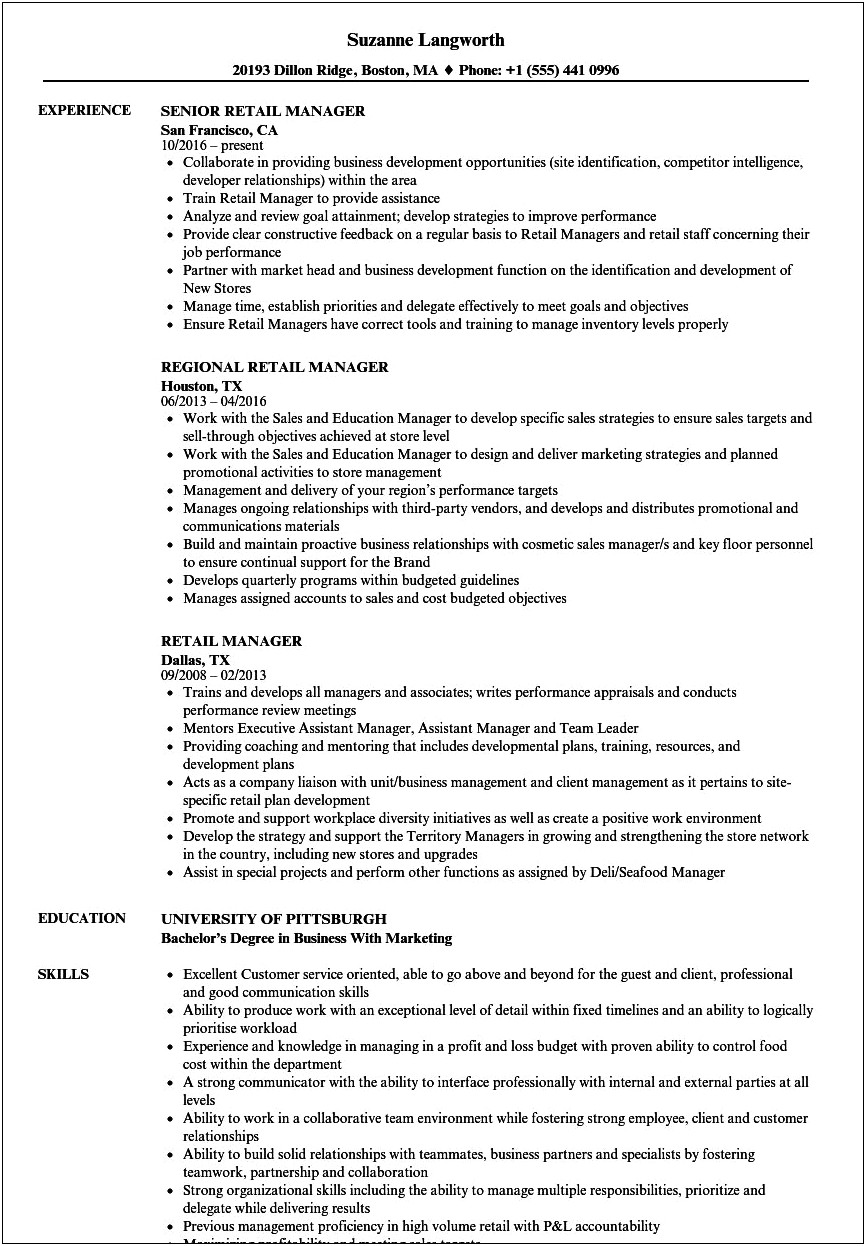 Skill On Resume Retail Manager Example
