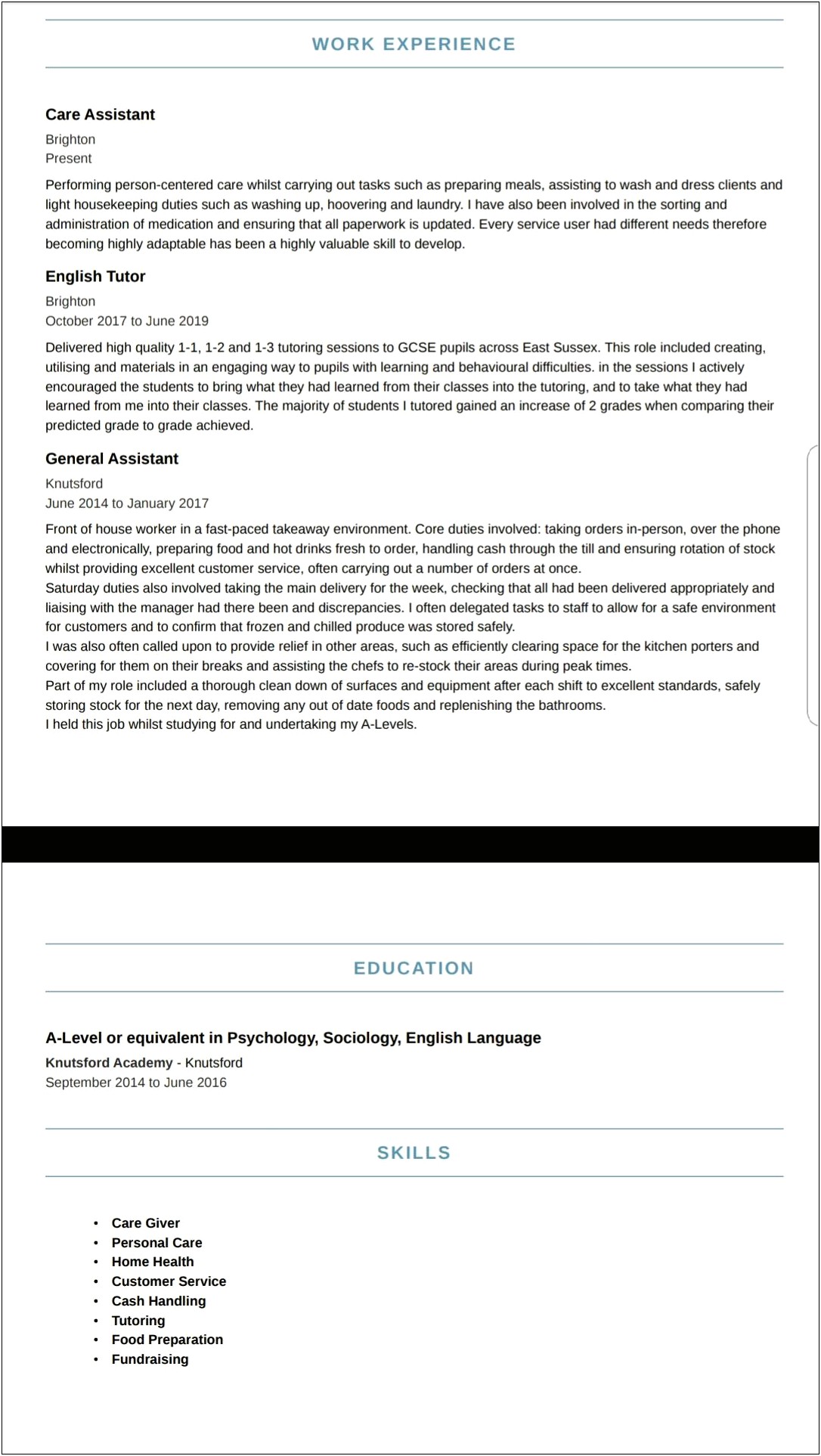 Skill Resume For Personal Care Assistant