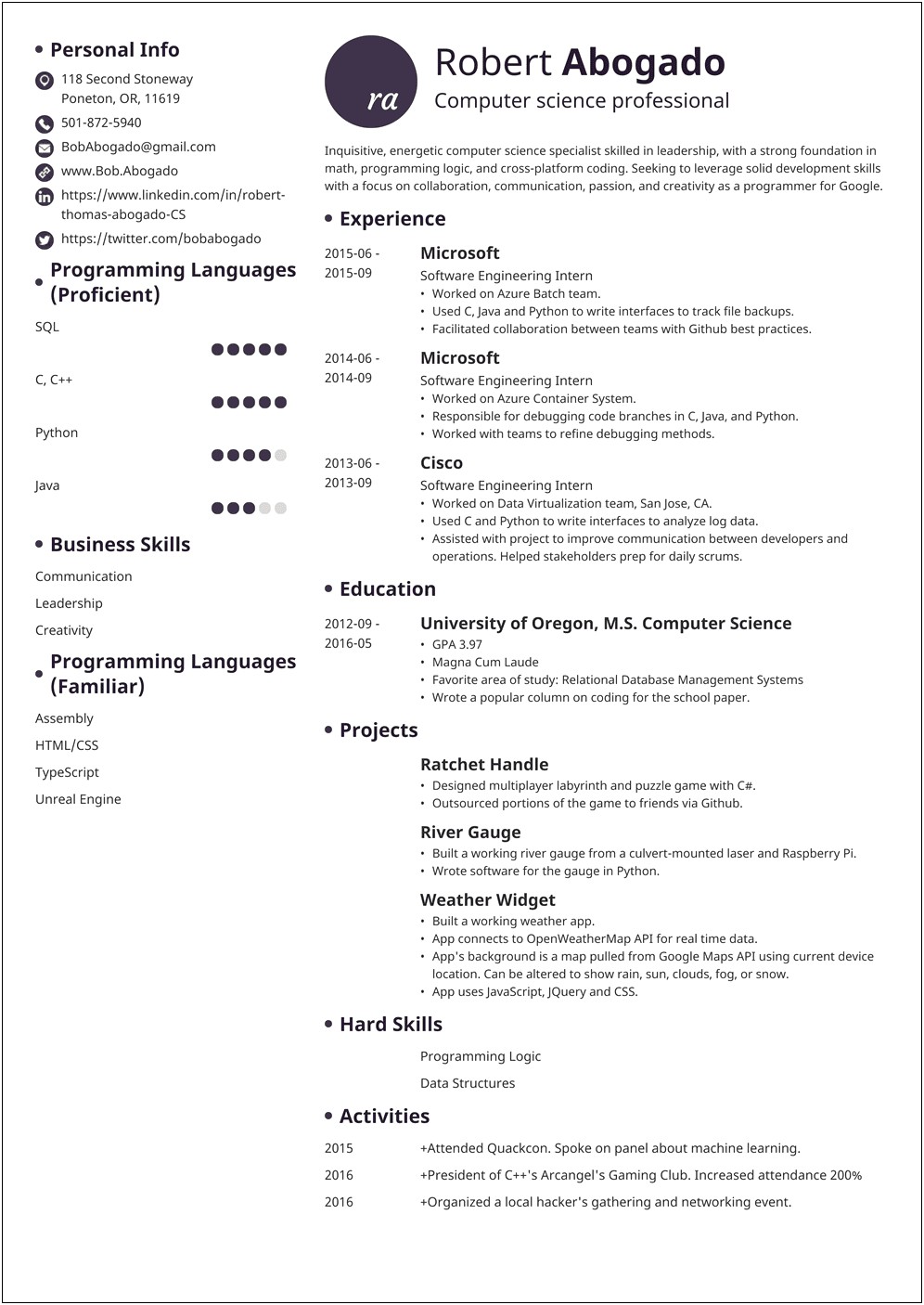 Skill Summary Resume For Computer Science