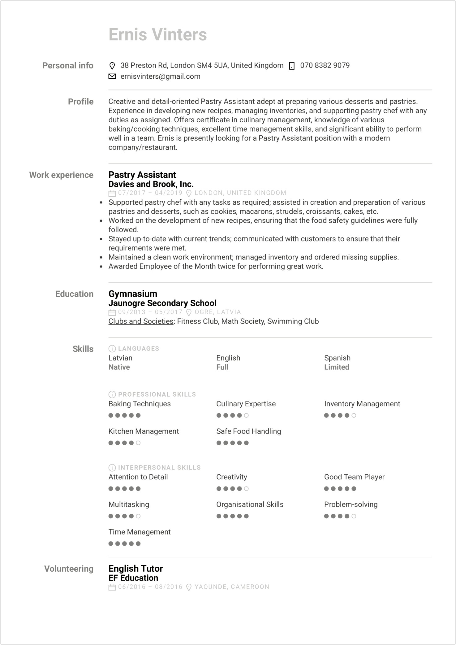 Skills And Abilities For Bakers Prep Resume Examples
