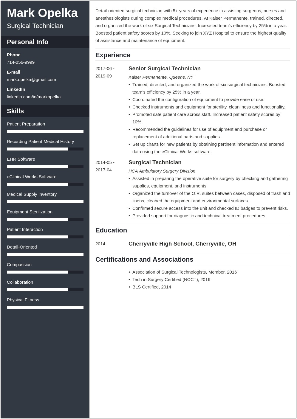 Skills And Abilities Resume For Surgical Technologist