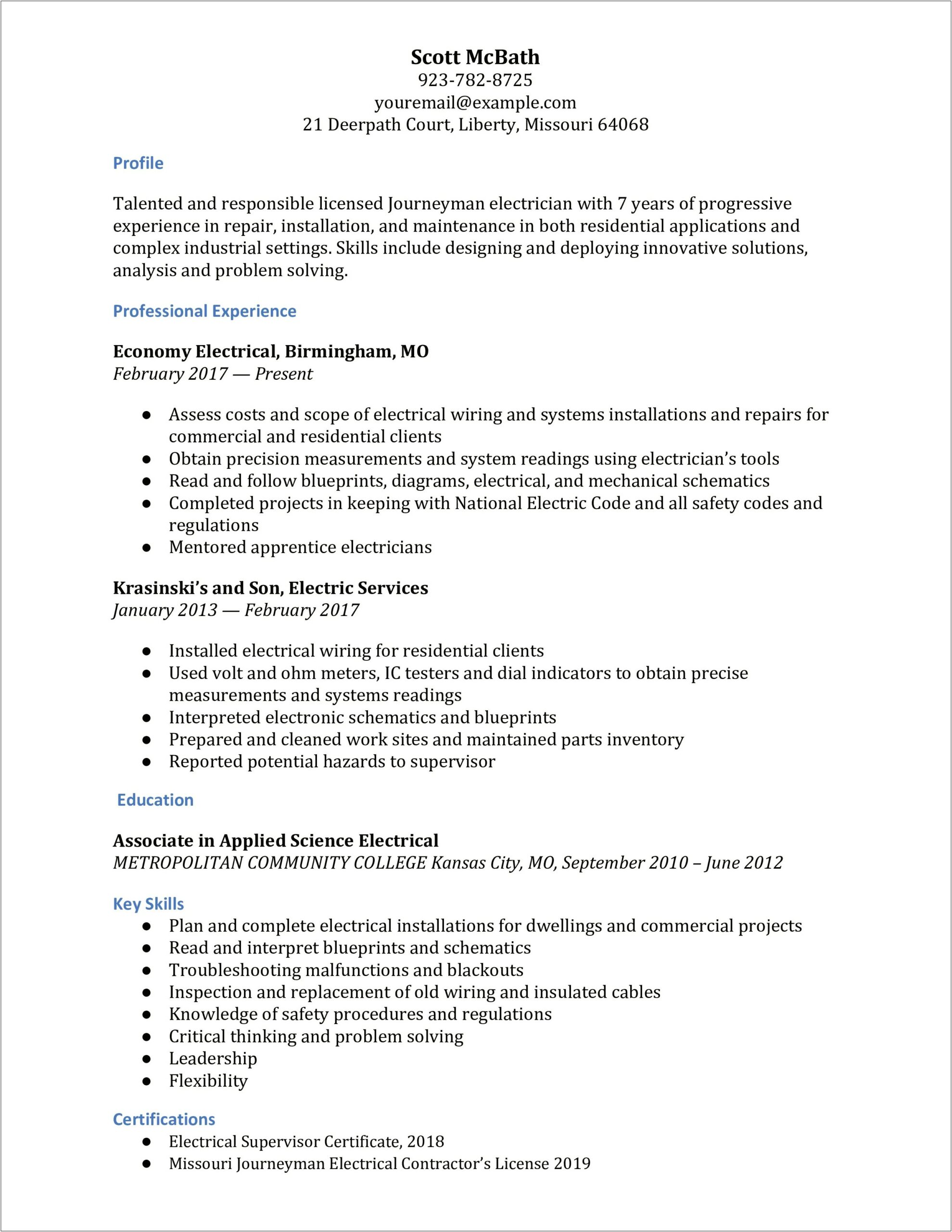 Skills And Certifications Electrician Resume Examples