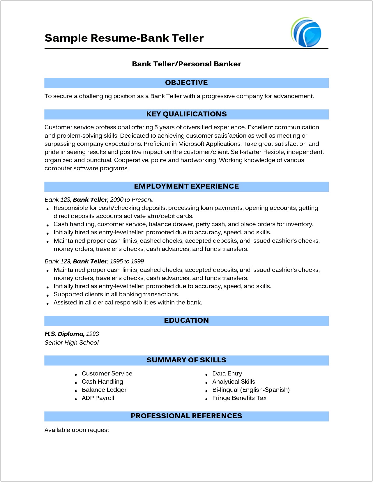 Skills For A Personal Banker Resume