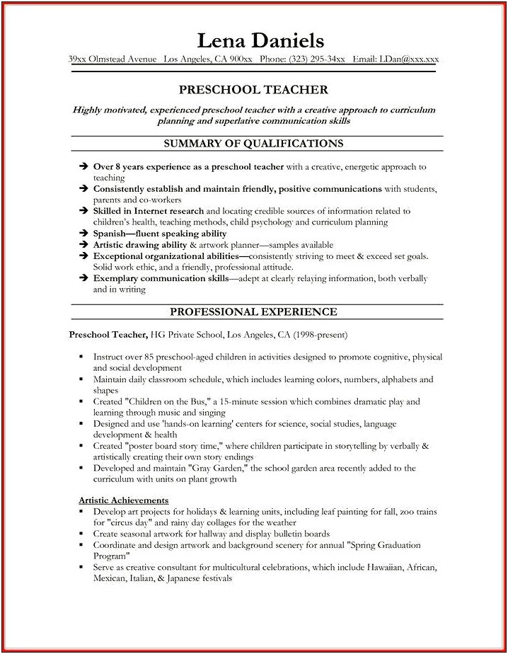 Skills For A Preschool Teacher Resume