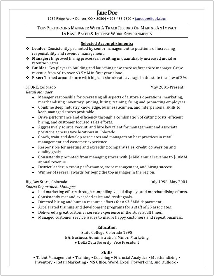 Skills For A Retail Manager Resume