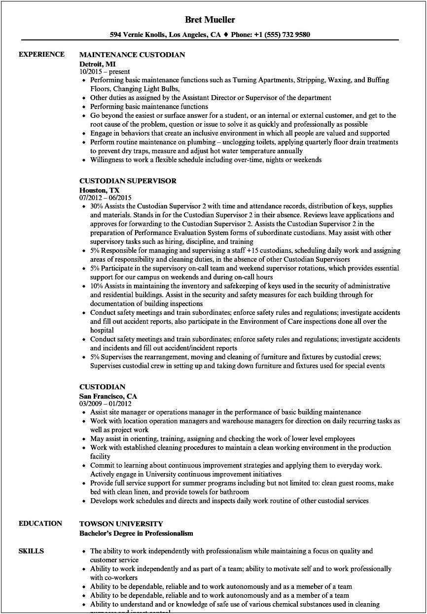 Skills From Being A Custodian For Resume
