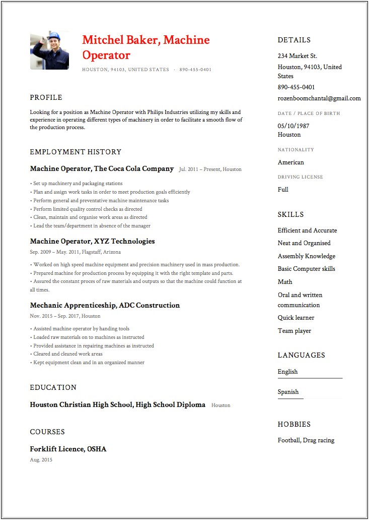 Skills In Resume For Production Operator