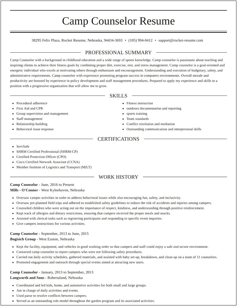 Skills Of A Lead Camp Counselor For Resume