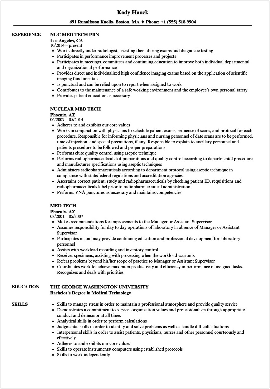 Skills Of A Medical Technologist In Resume