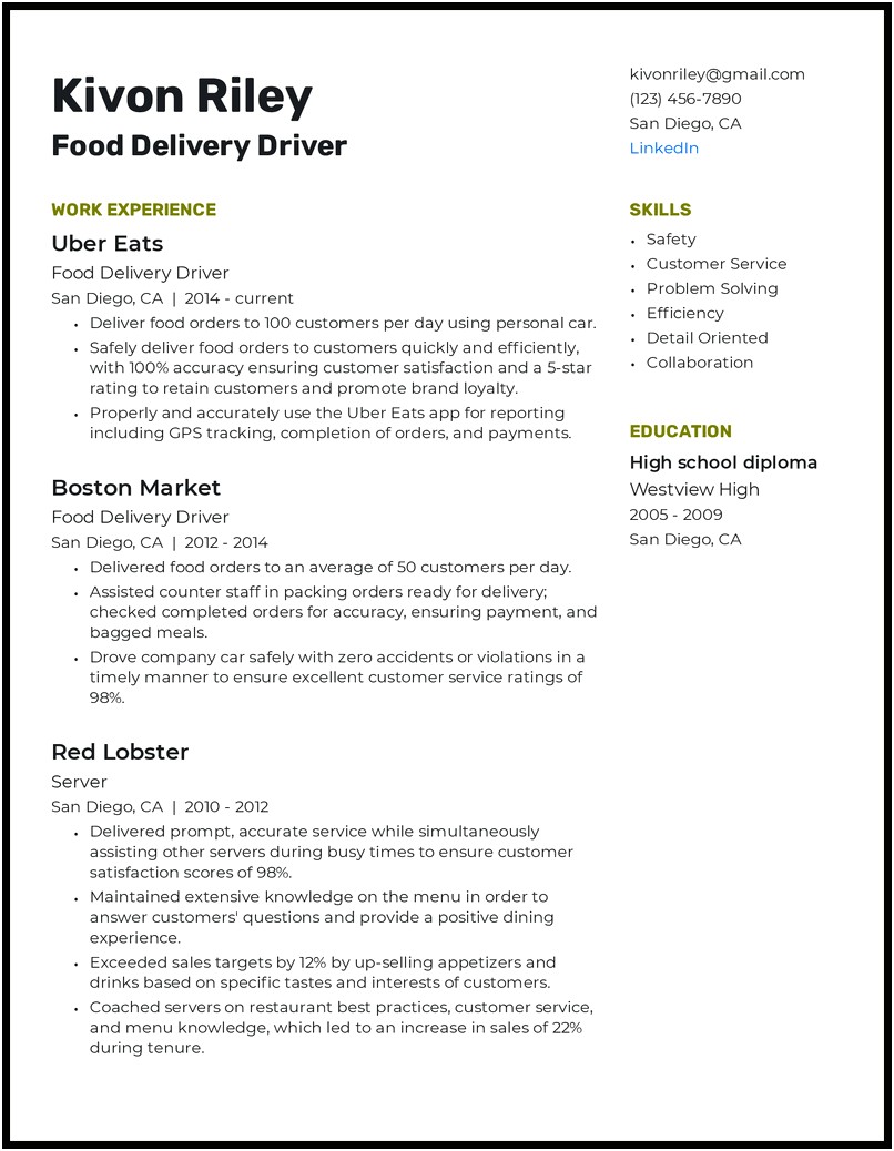Skills Of A Pizza Delivery Driver On Resume