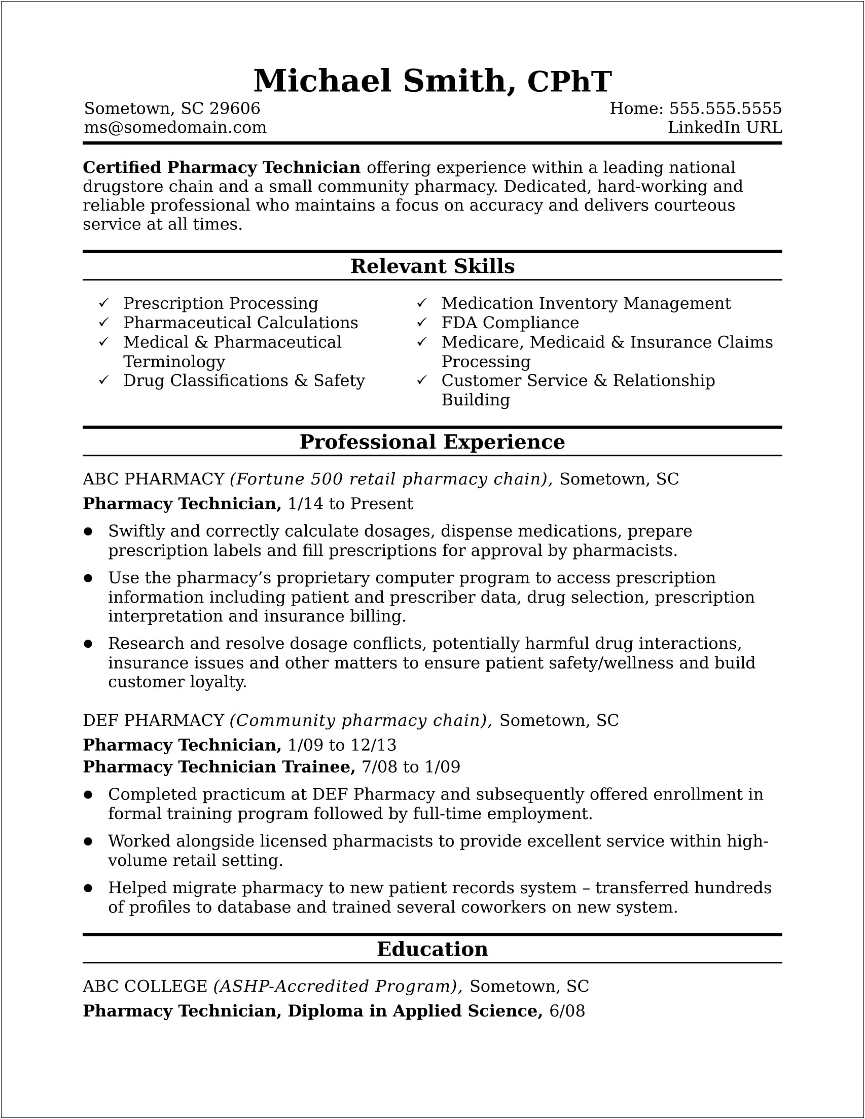 Skills Of Resume For Pharmacy Technician