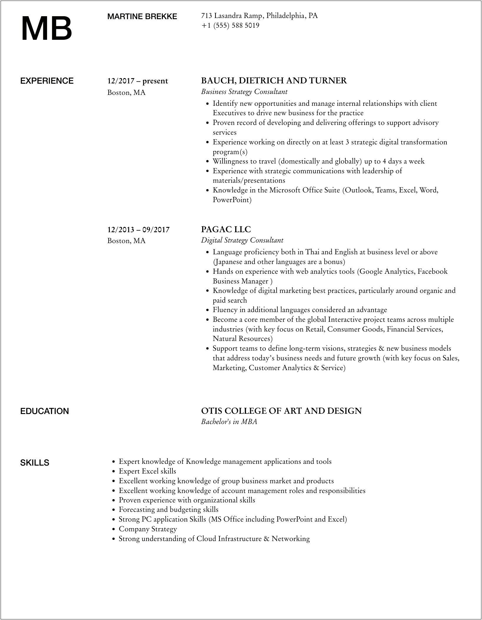 Skills To Empahsize Strategy Consulting Resume