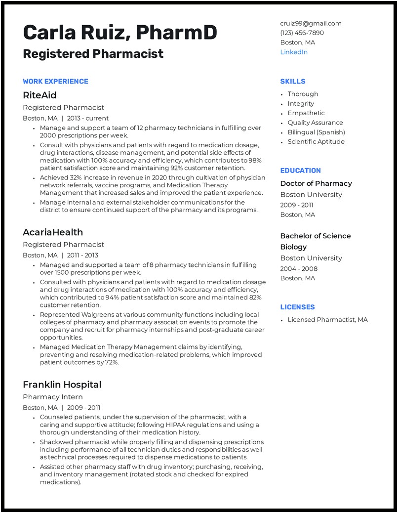 Skills To Have For Pharmacist Resume