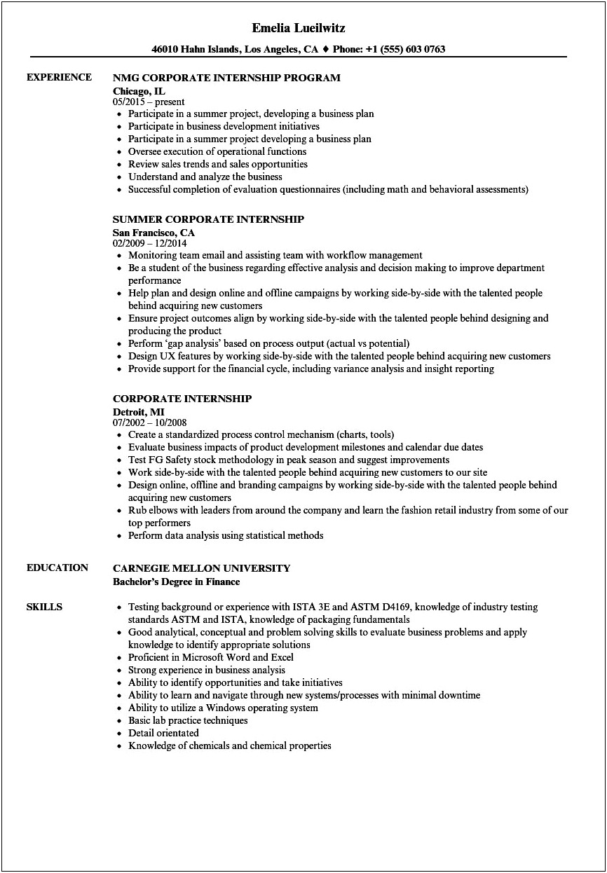 Skills To Include On Resume For Internship