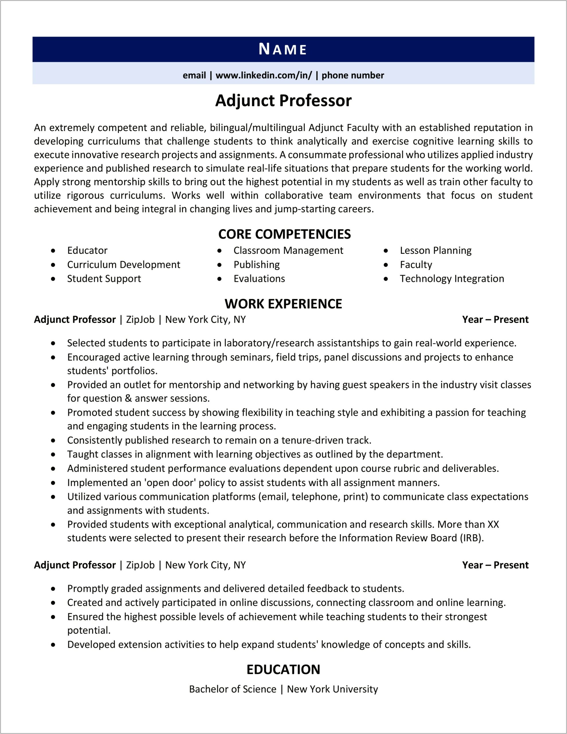 Skills To Put On Adjunct Professor Resume