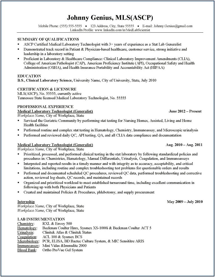 Skills To Put On Resume For Medical Technologist