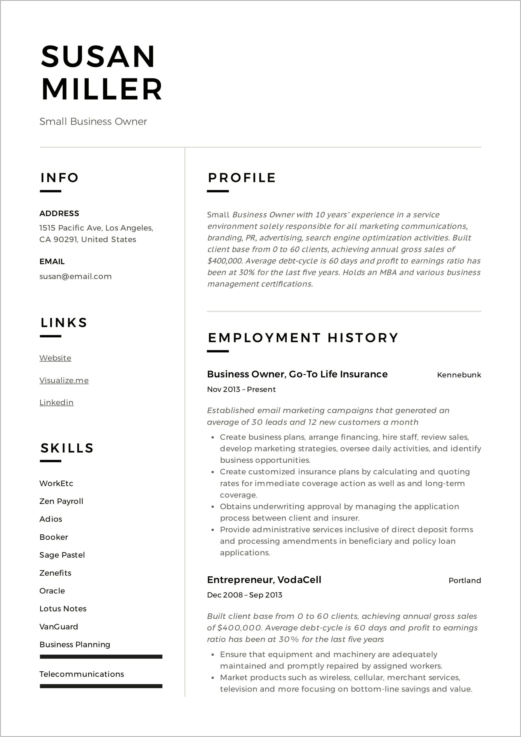 Small Business Growth Coach Resume Experience