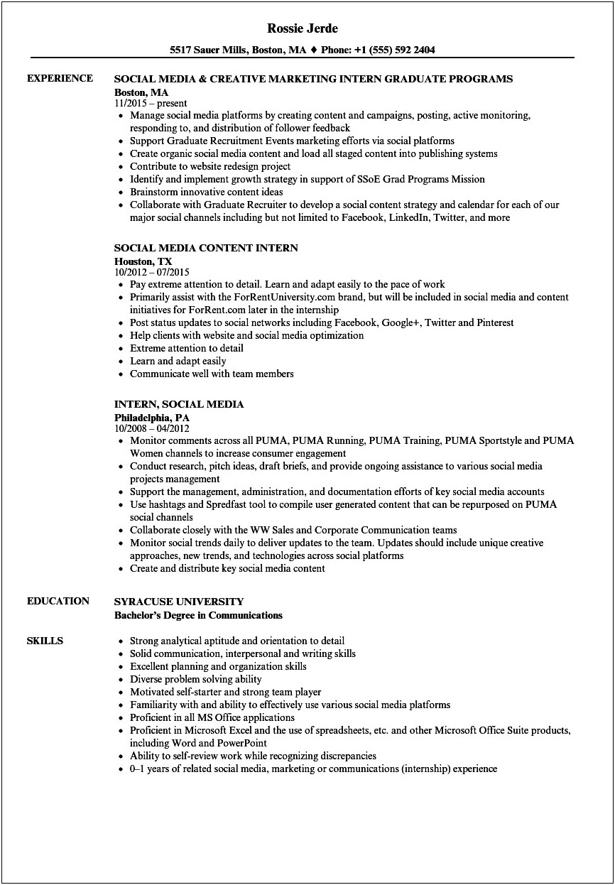 Social Media College Dining Intern Job Description Resume