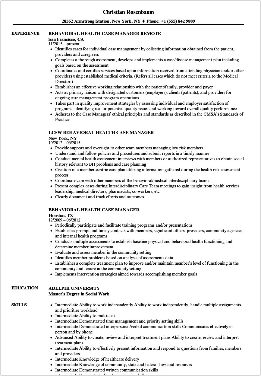 Social Services Case Manager Sample Resume