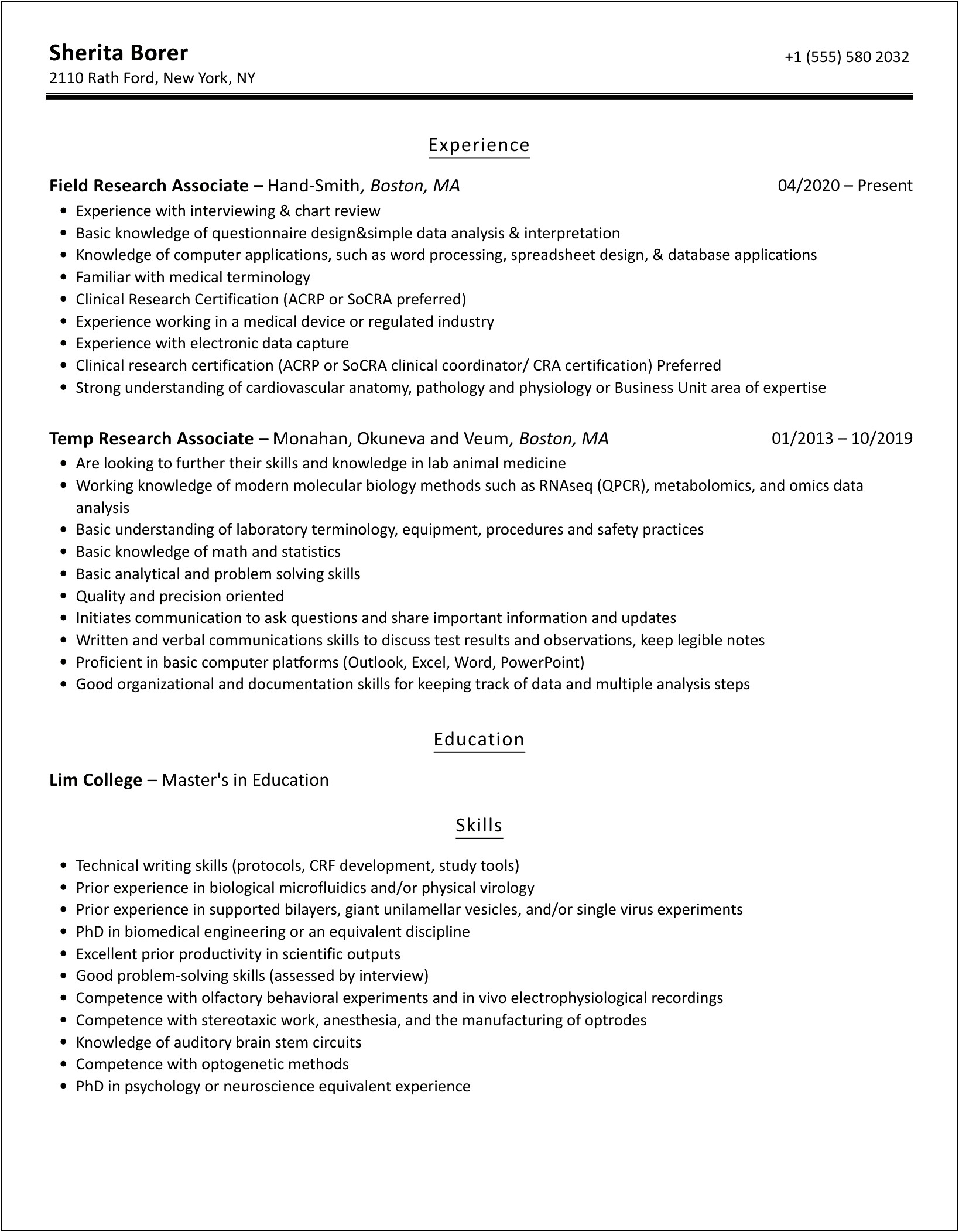 Social Services Research Associate Resume Sample
