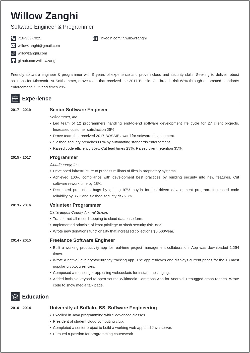 Software Developer Resume About Me Example