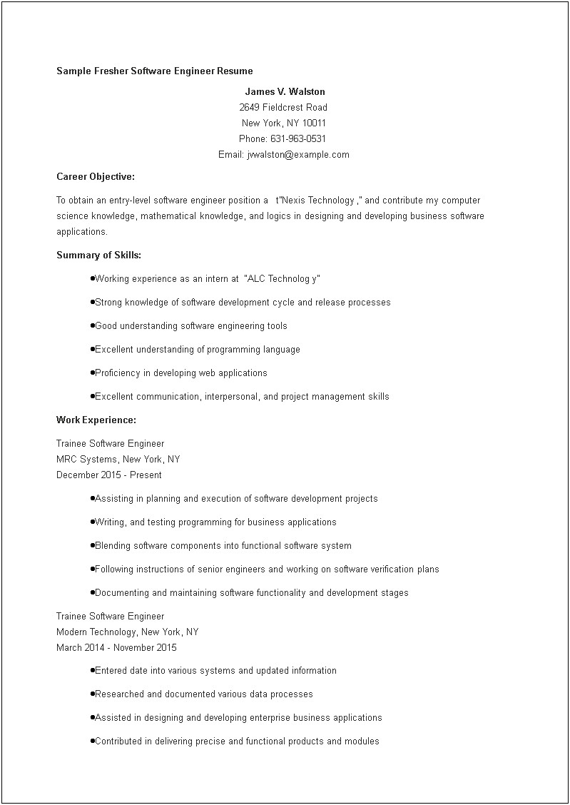 Software Engineer Entry Level Resume Examples