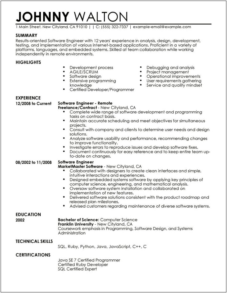 Software Engineer Resume Objectives New Grad