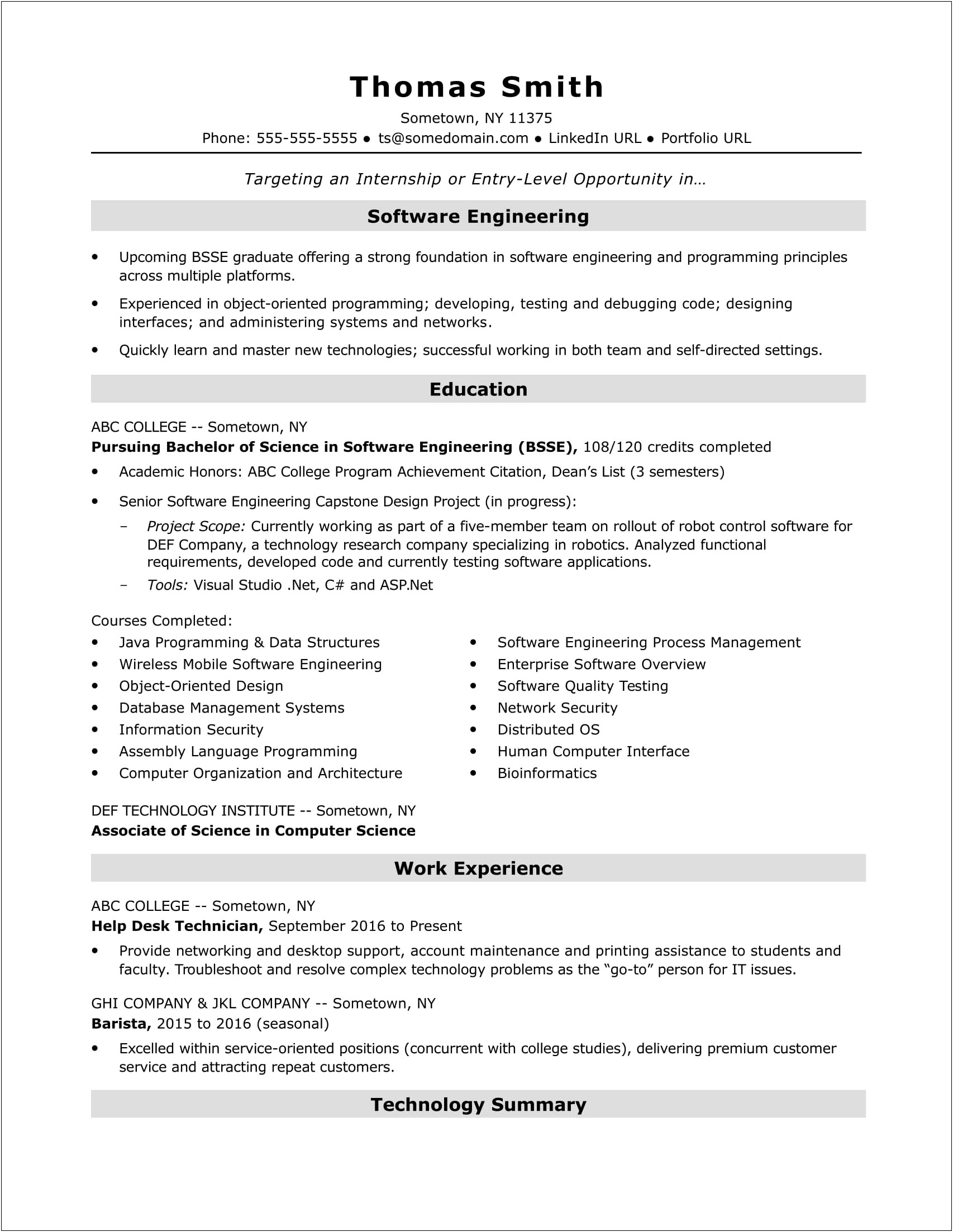 Software Engineer Resume With No Experience