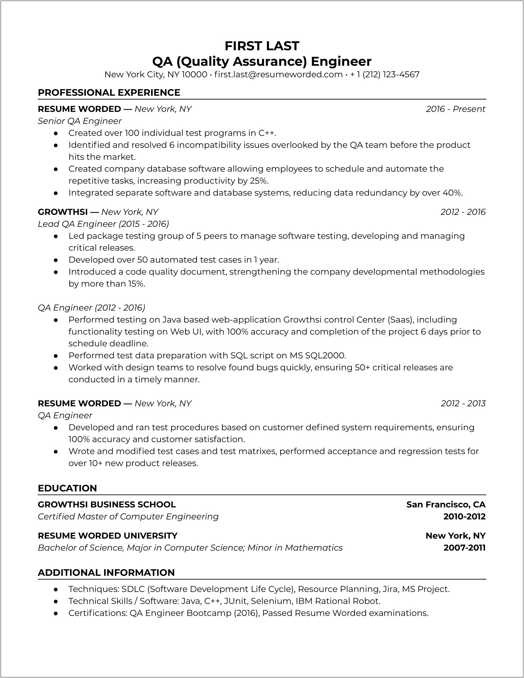 Software Quality Assurance Engineer Resume Template