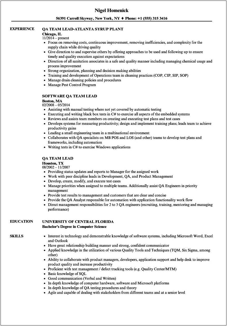 Software Quality Assurance Lead Resume Examples