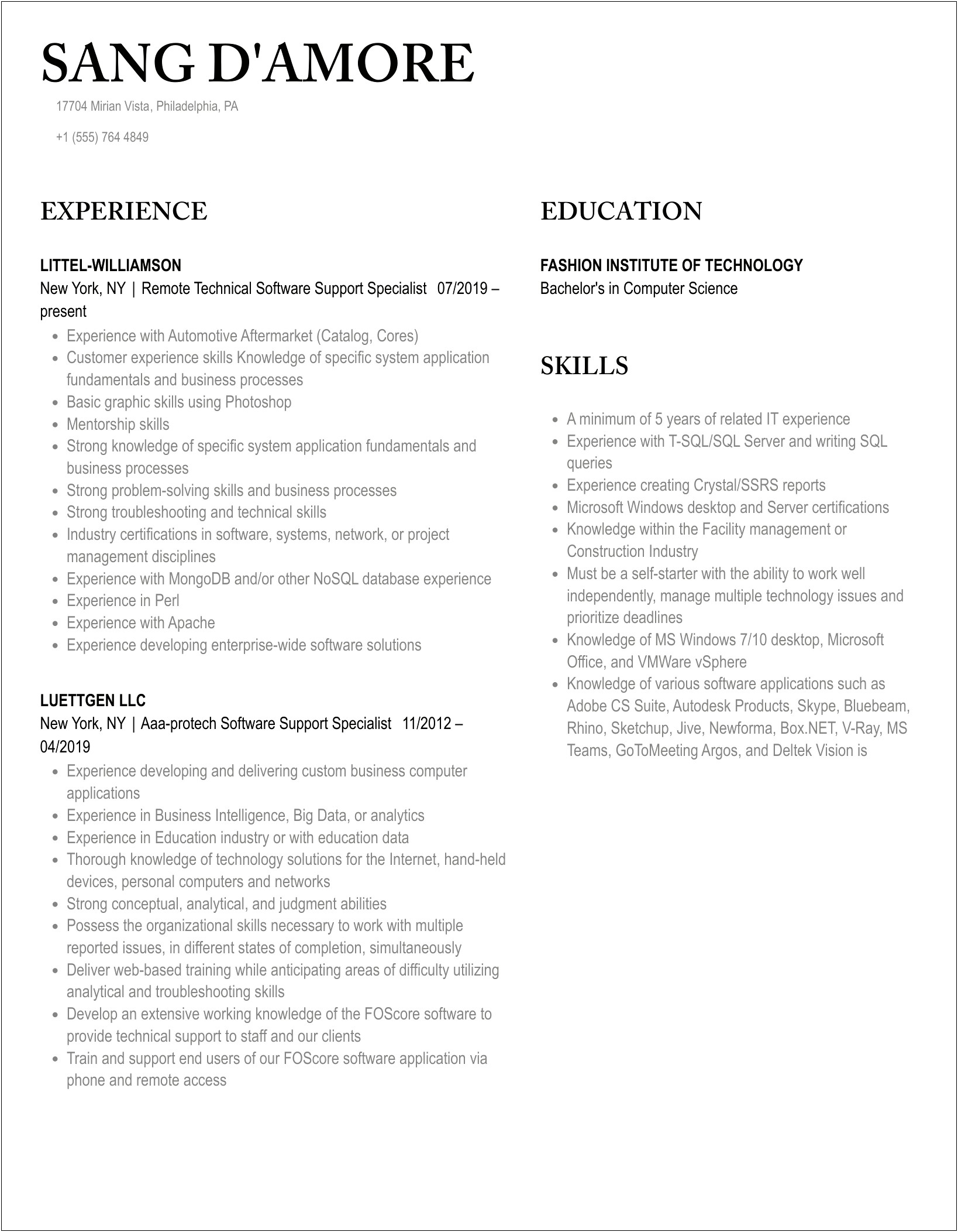 Software Support Specialist Job Description For Resume