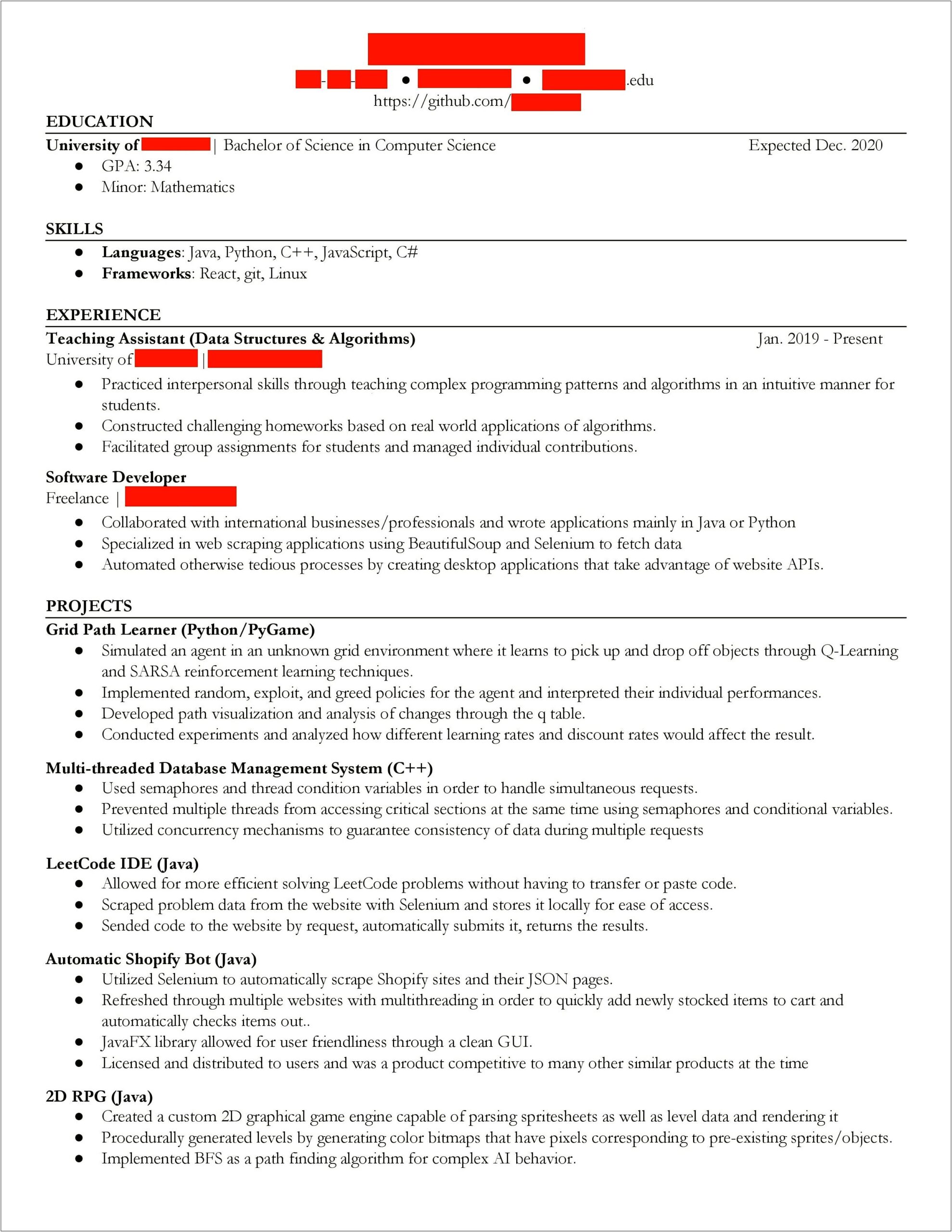 Sophomore Cs Student Resume No Work Experience