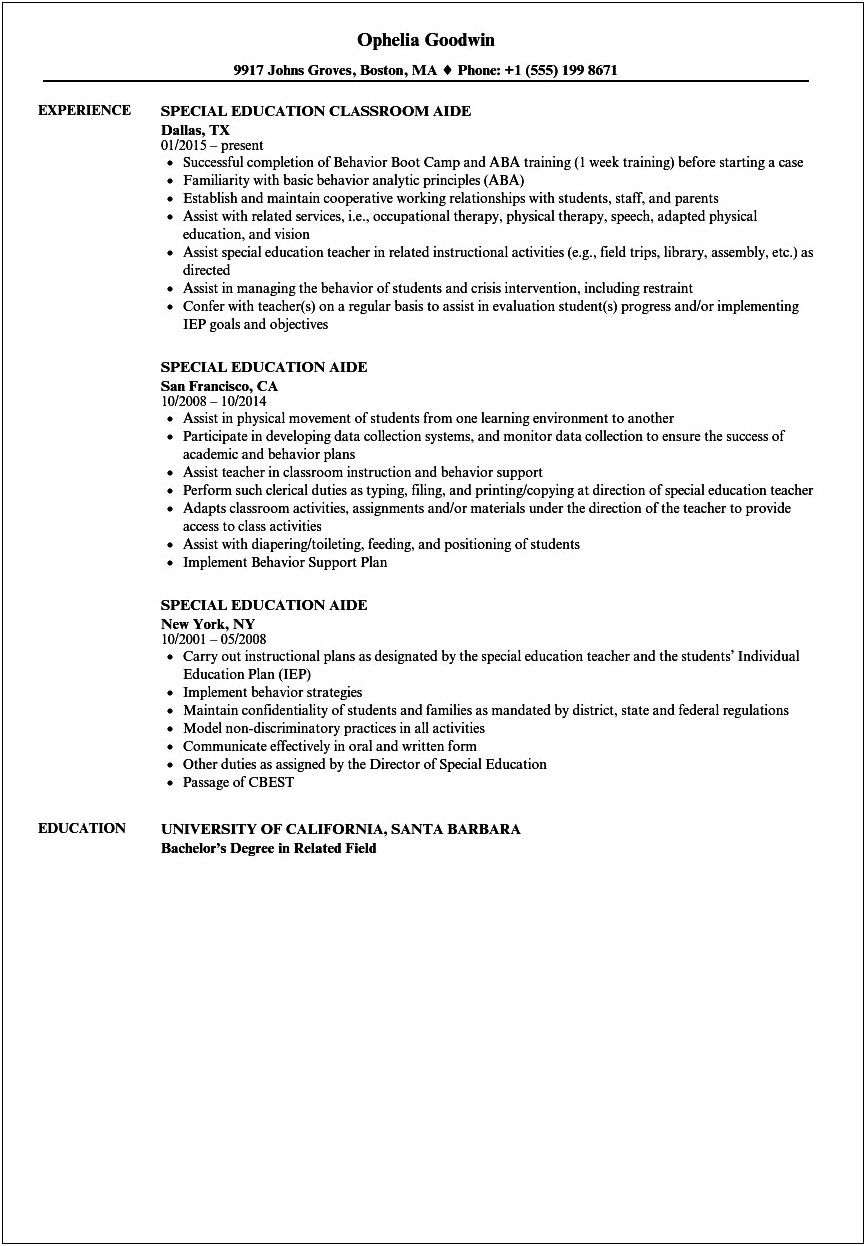 Special Ed Teacher Job Description Resume
