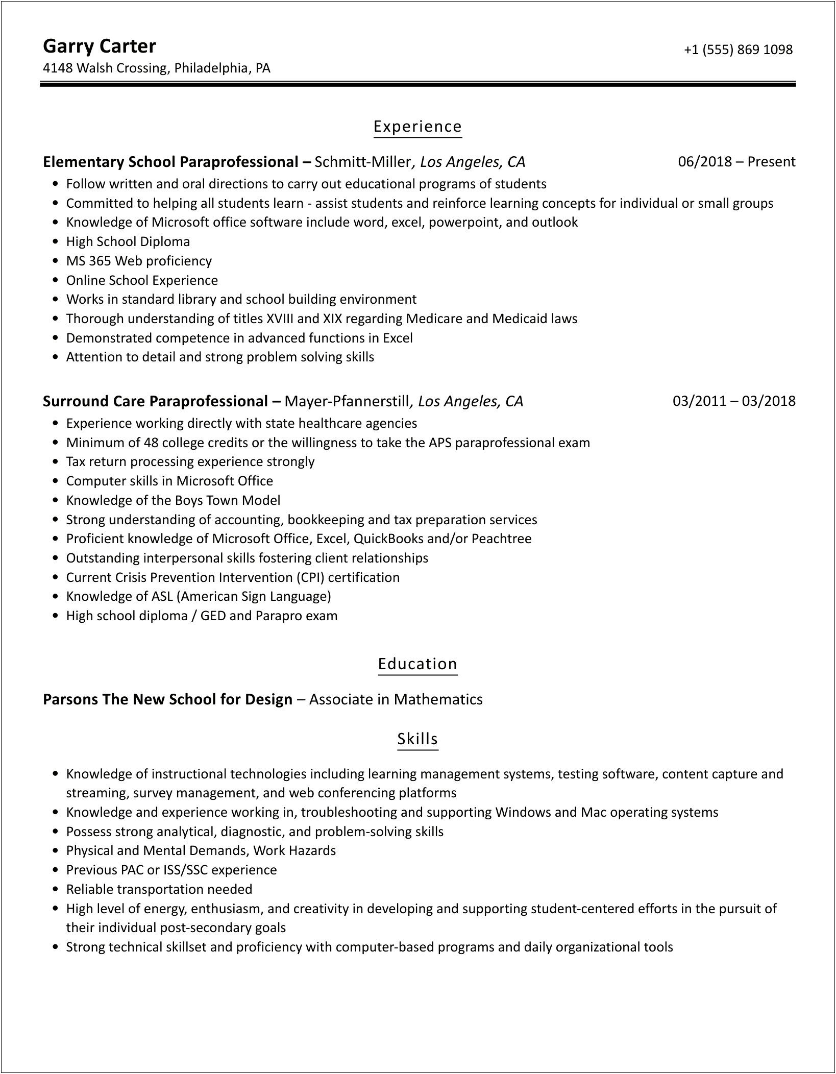 Special Education Paraprofessional Job Description For Resume
