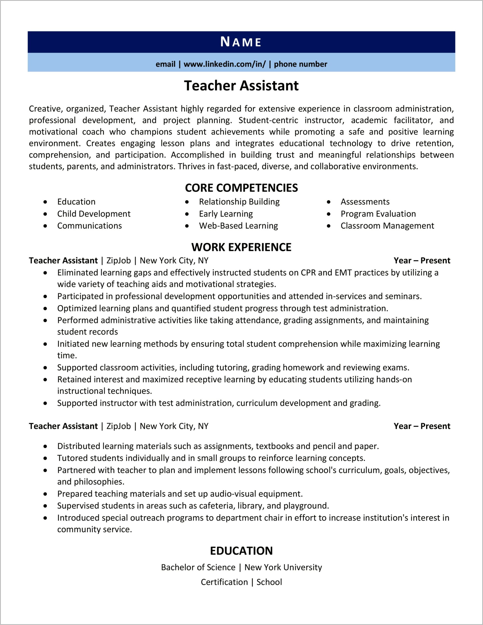 Special Education Teacher Assistant Resume Objective
