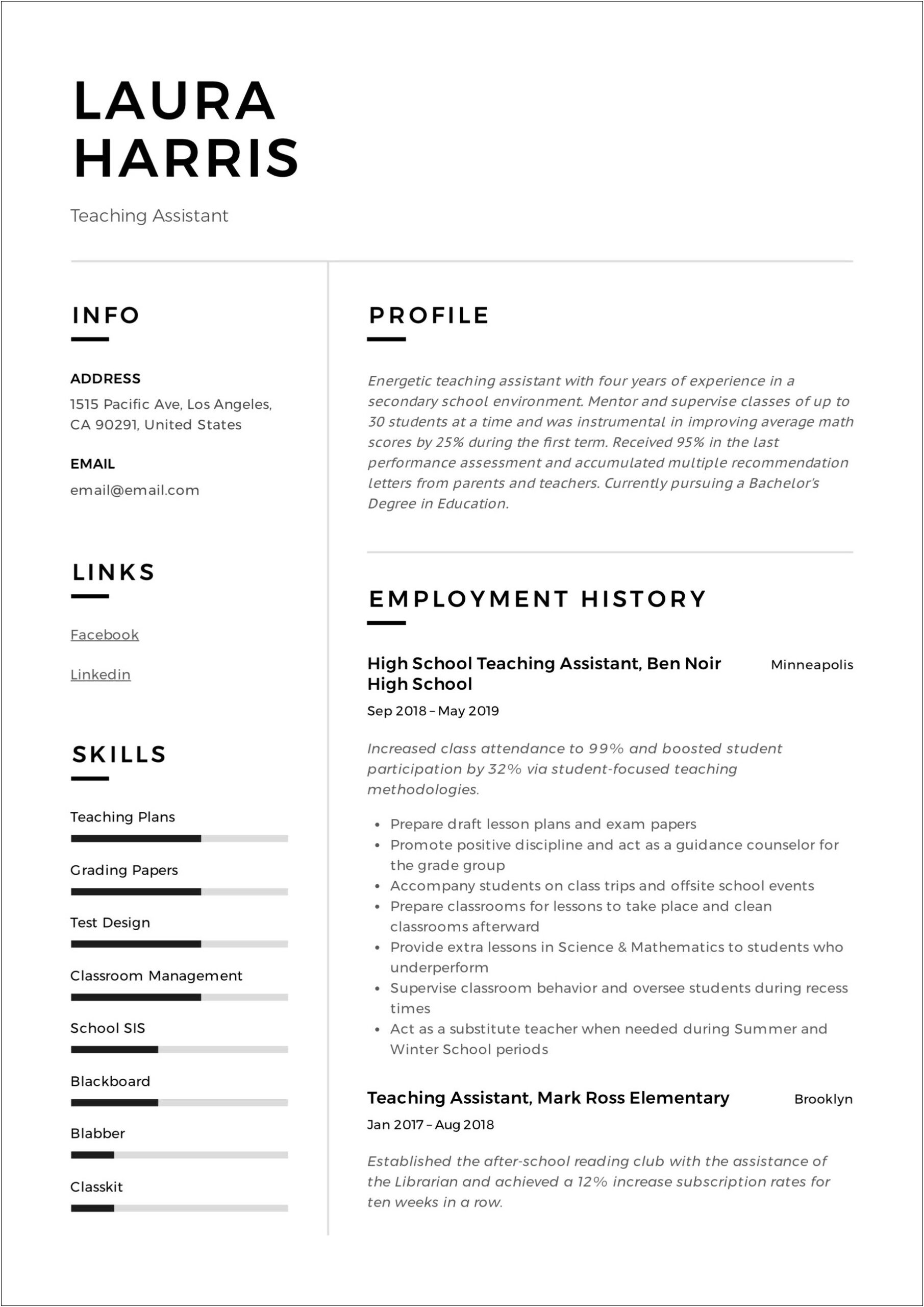 Special Education Teaching Assistant Resume Sample