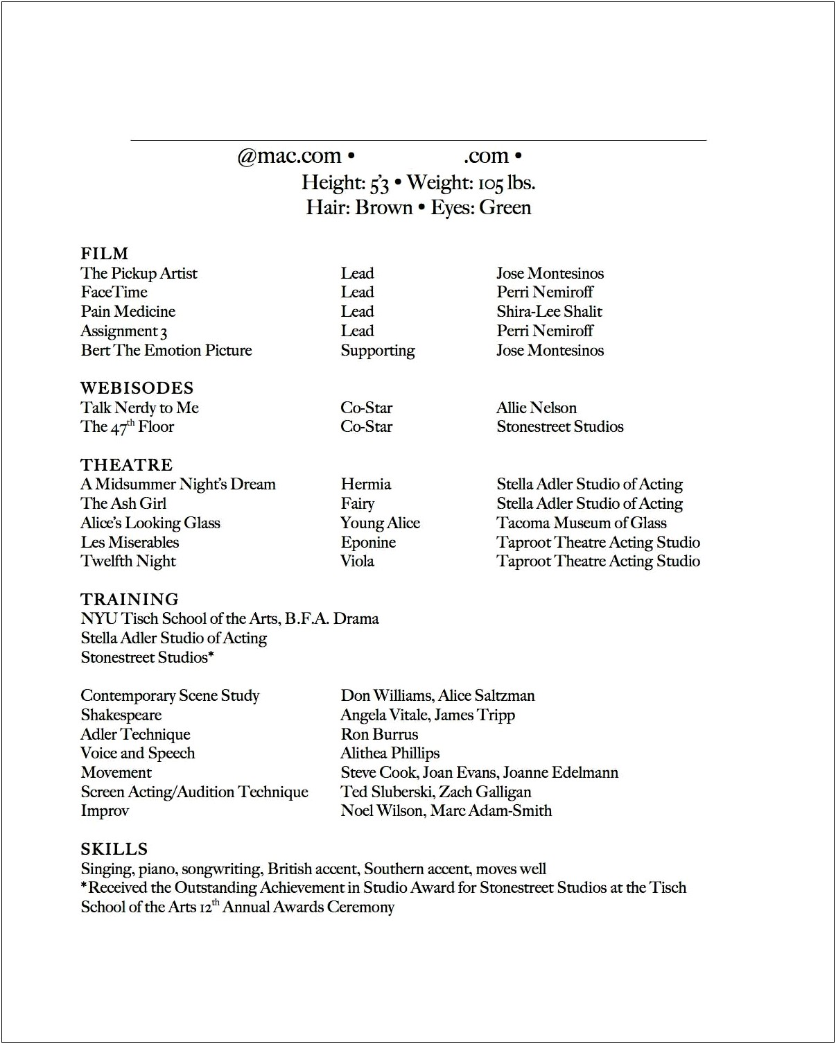 Special Skills For Musical Theater Resume