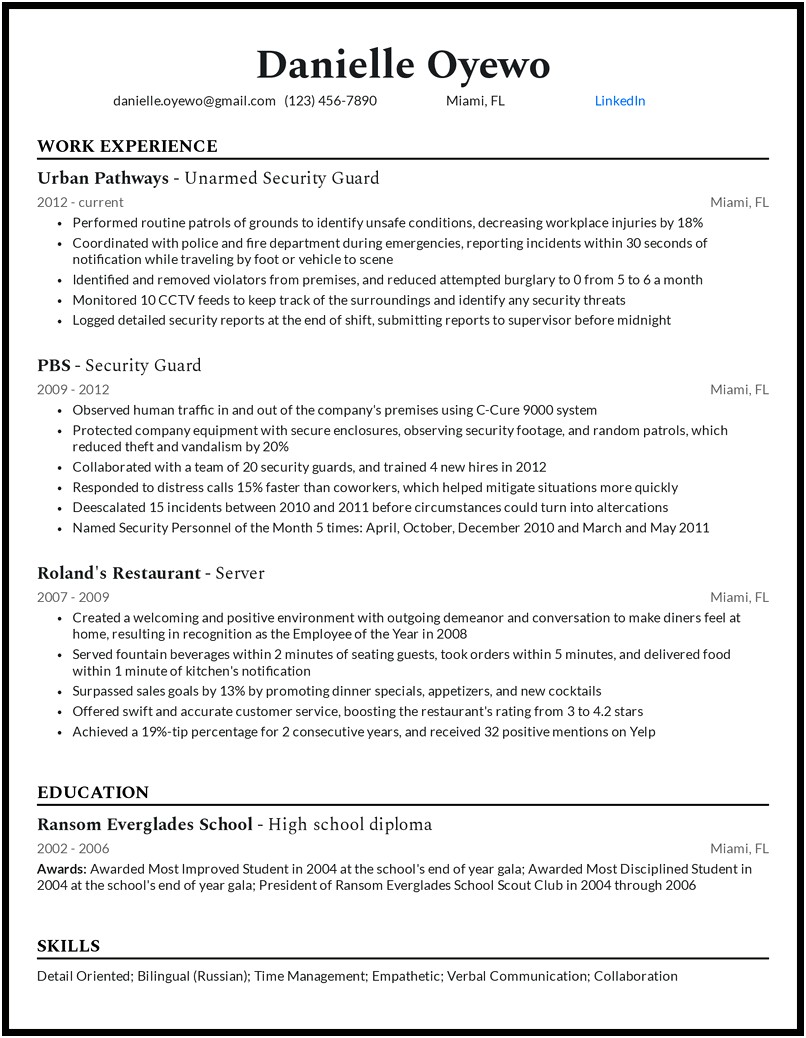 Special Skills For Security Guard Resume